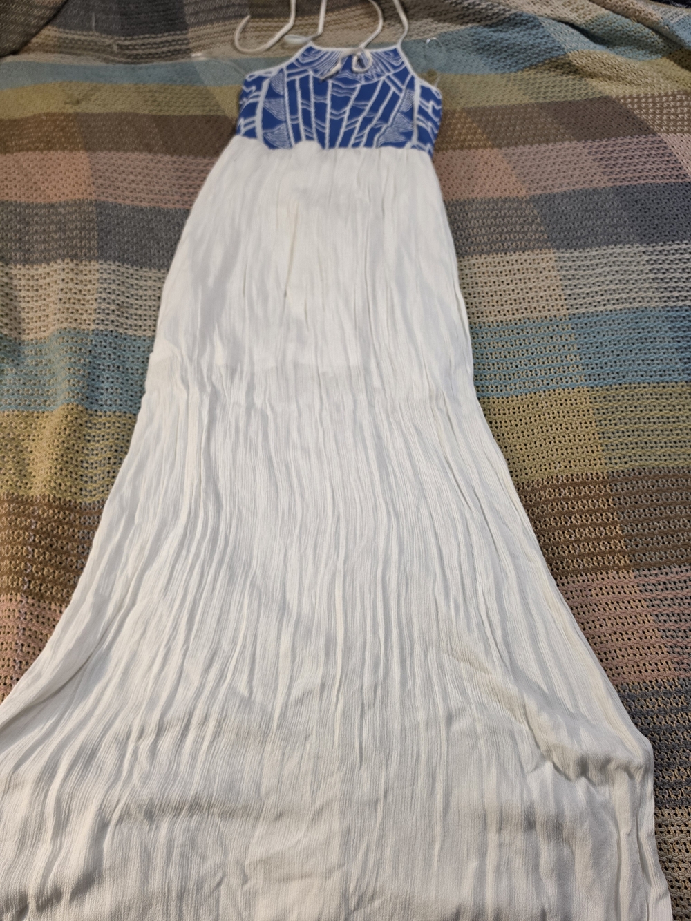 Jealous Tomato White Maxi Skirt with Blue Patterned Waist